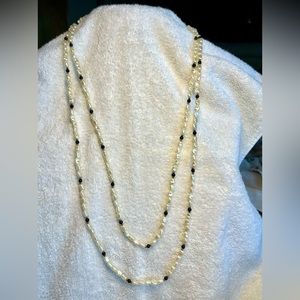 Beautiful pearl and black bead, long necklace, or could be wrapped and shortened